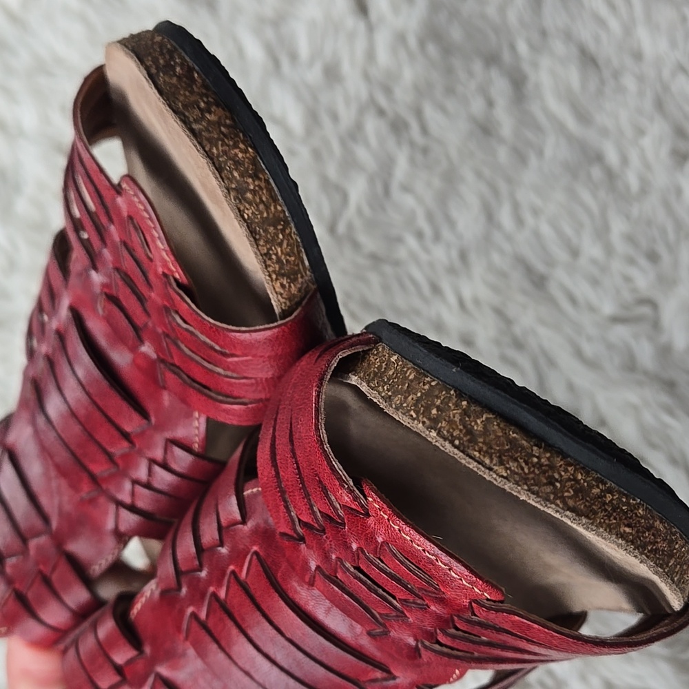 Taos Footwear Red Woven Leather Wedge Sandals - Picture 3 of 10